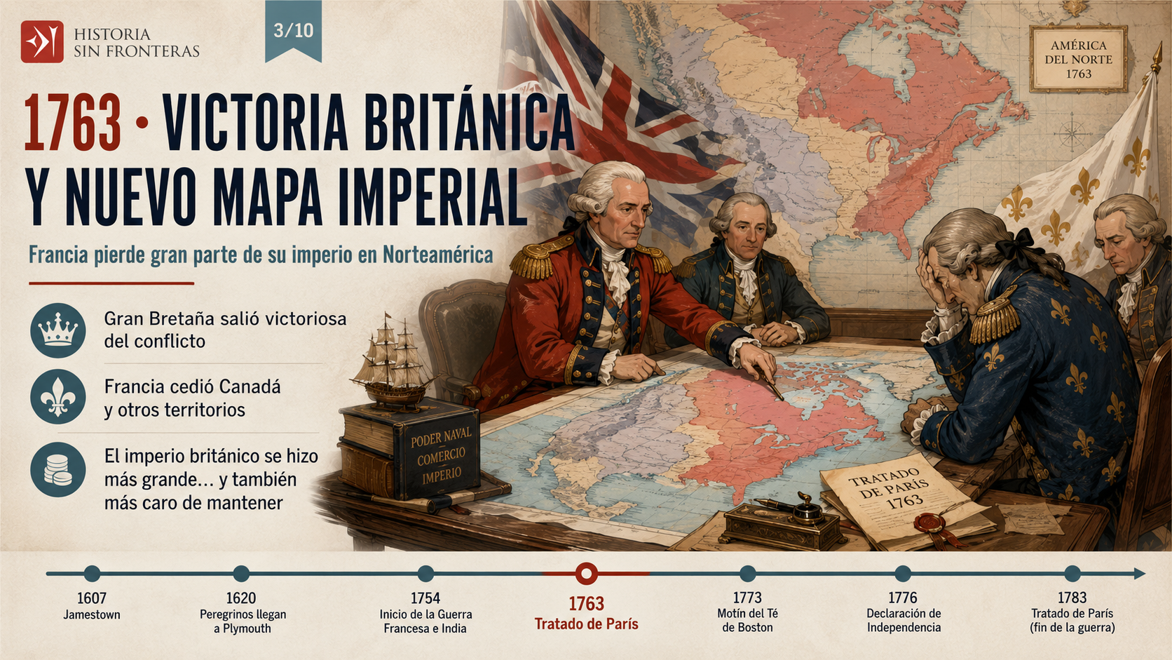 Imagen 3. Victoria británica y nuevo mapa imperial tras el Tratado de París de 1763.