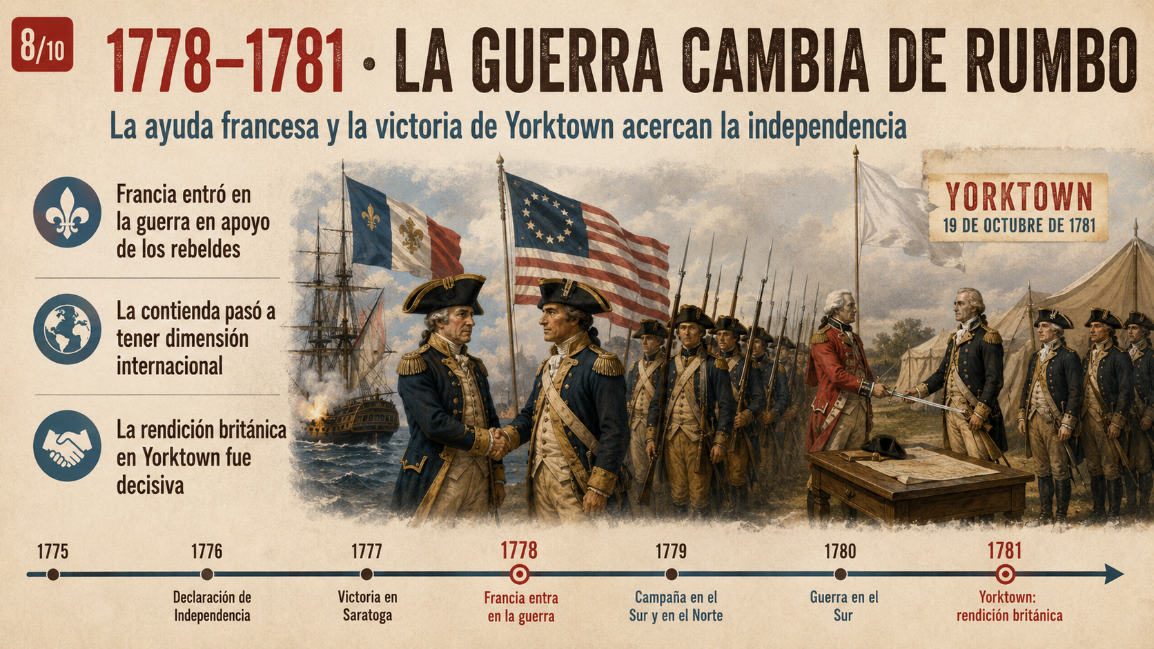 Imagen 8. La entrada de Francia y la victoria de Yorktown cambian el rumbo de la guerra.
